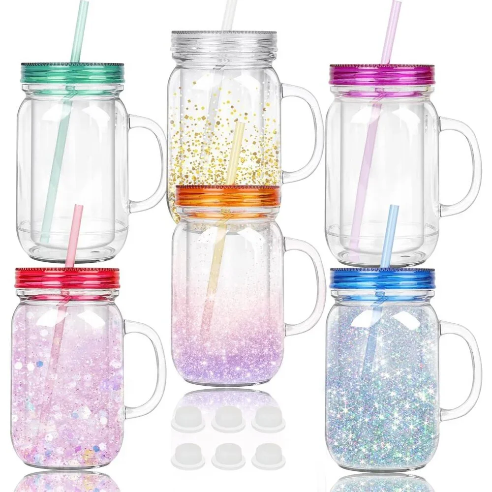 6 Pack 20 Oz Reusable Snow Globe Tumblers with Lids and Straws in Mixed Colors